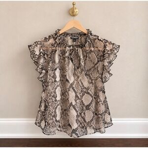 Express Snakeskin Print Ruffle Neck Flutter Sleeve Blouse Gray Black Small